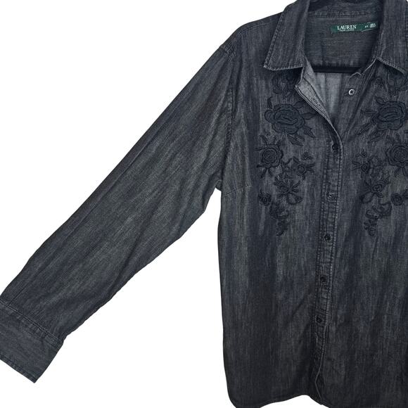Lauren Ralph Lauren Embroidered Chambray Black Button Up Shirt Women's Size 2X - Picture 3 of 7